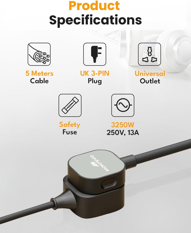 5M Power Extension Cord, 5 Meters Universal Electric Cable Extender, 1 Way Single Socket, 13A 250V 3250W Plug Wire for Home & Office Use (5M) - Image 2