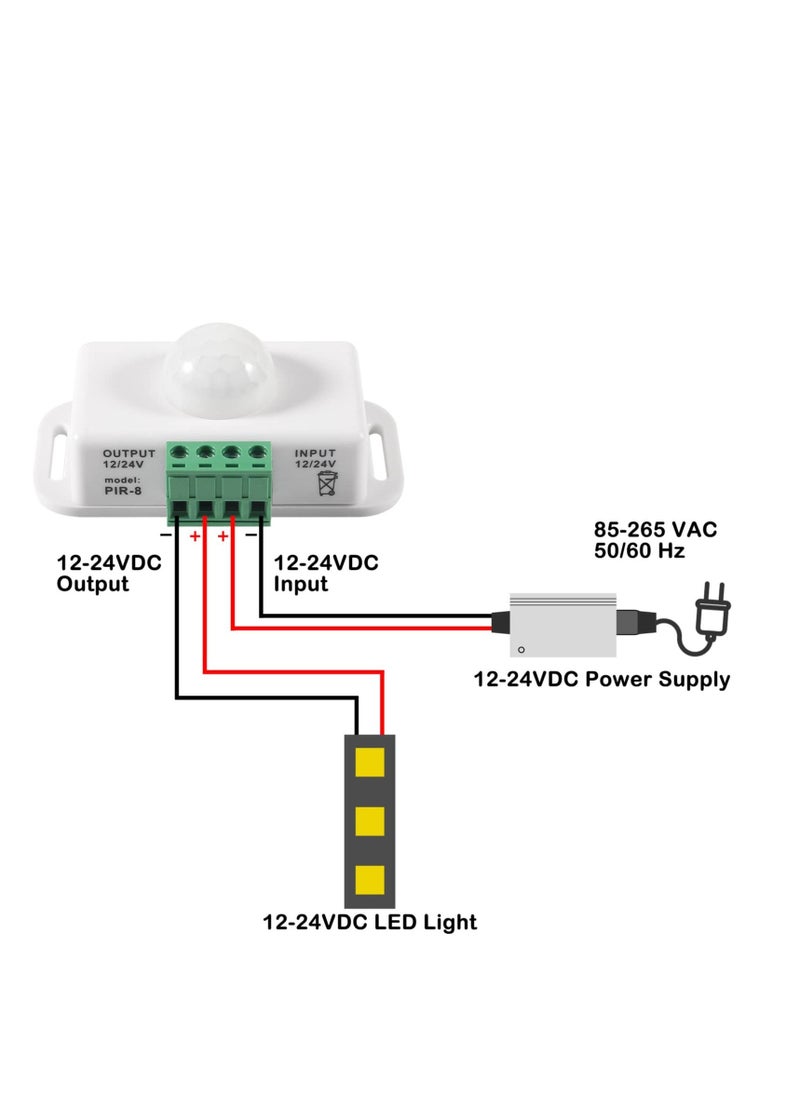 DC 12V 24V PIR Sensor LED Motion Sensor Switch, 2 Pcs Body Infrared Sensing Detector, for Timer Function Automatic Sign Control PIR Controller LED Light Strips (White) - Image 2