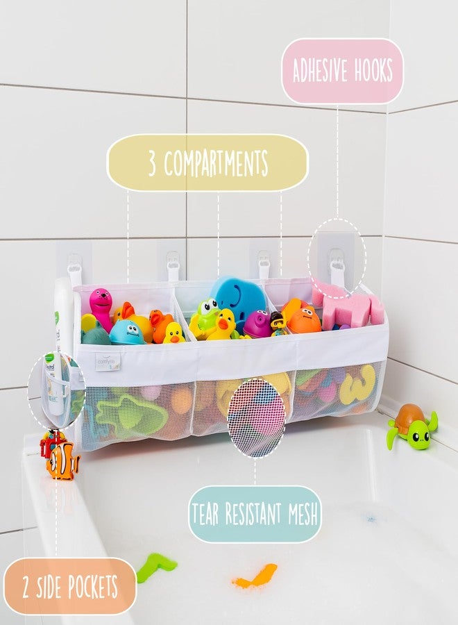 Comfylife Large Bath Toy Organizer with Letters and Numbers - 3 Compartment Bath Toy Holder for Bathtub & Shower - Quick-Dry Mesh with 4 Strong Adhesive Hooks - Image 5
