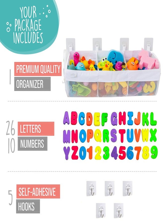 Comfylife Large Bath Toy Organizer with Letters and Numbers - 3 Compartment Bath Toy Holder for Bathtub & Shower - Quick-Dry Mesh with 4 Strong Adhesive Hooks - Image 4