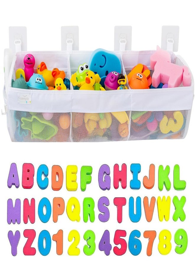 Comfylife Large Bath Toy Organizer with Letters and Numbers - 3 Compartment Bath Toy Holder for Bathtub & Shower - Quick-Dry Mesh with 4 Strong Adhesive Hooks - Image 1