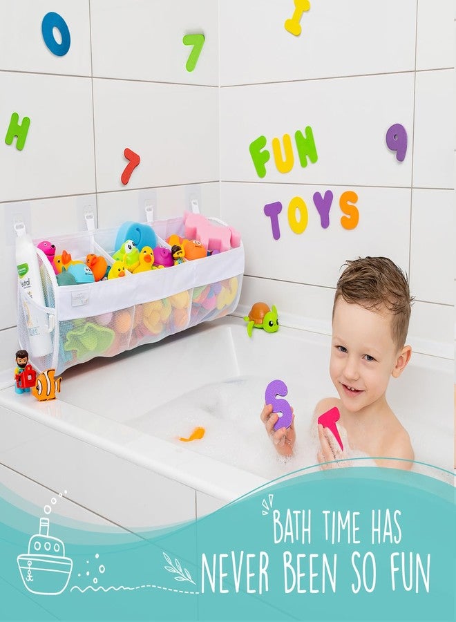 Comfylife Large Bath Toy Organizer with Letters and Numbers - 3 Compartment Bath Toy Holder for Bathtub & Shower - Quick-Dry Mesh with 4 Strong Adhesive Hooks - Image 3