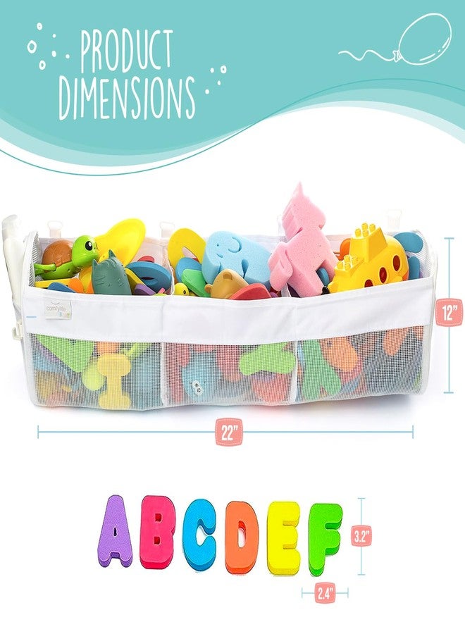 Comfylife Large Bath Toy Organizer with Letters and Numbers - 3 Compartment Bath Toy Holder for Bathtub & Shower - Quick-Dry Mesh with 4 Strong Adhesive Hooks - Image 2