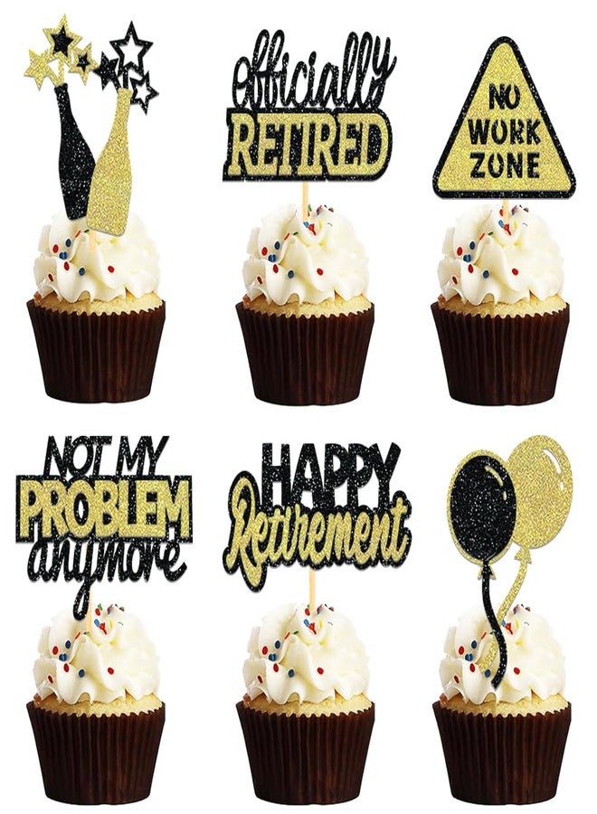 Moitkptt 24 Pcs Happy Retirement Cupcake Toppers Officially Retired Cupcake Picks, No Work Zone Retirement Theme Cake Toppers Decorations for Farewell Party Cakes (Black&Gold Ⅱ) - Image 1