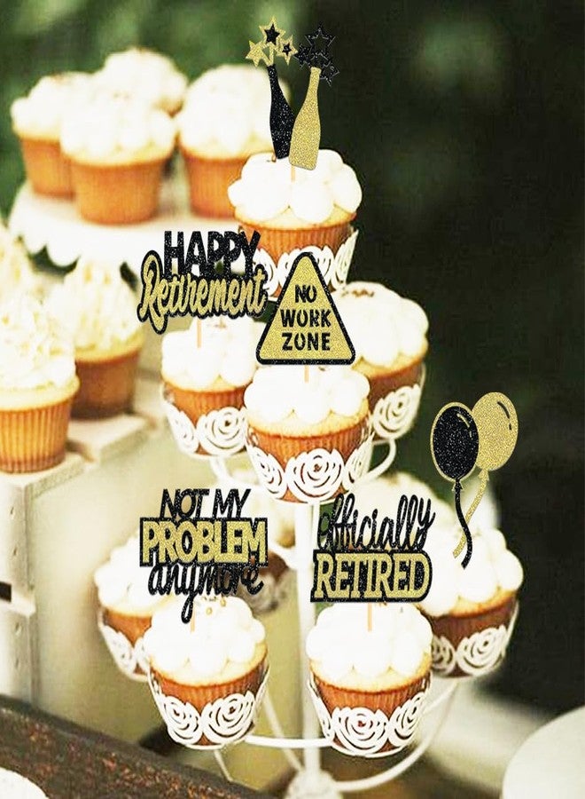 Moitkptt 24 Pcs Happy Retirement Cupcake Toppers Officially Retired Cupcake Picks, No Work Zone Retirement Theme Cake Toppers Decorations for Farewell Party Cakes (Black&Gold Ⅱ) - Image 3