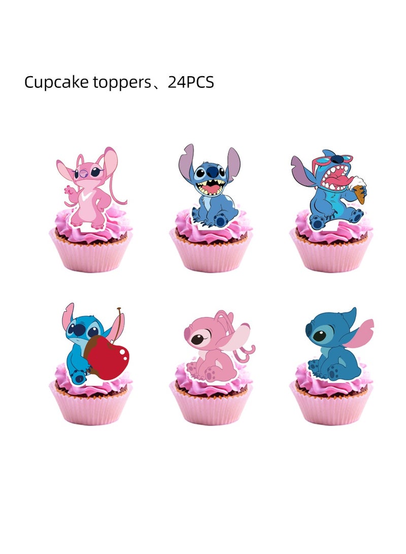 Party 42pcs of powder blue Stitch Girls, Boys, Kids Theme Party Supplies Set, Tablecloth, Background Cloth, Cake Decorations, Pull Flags and other party decorations - Image 5