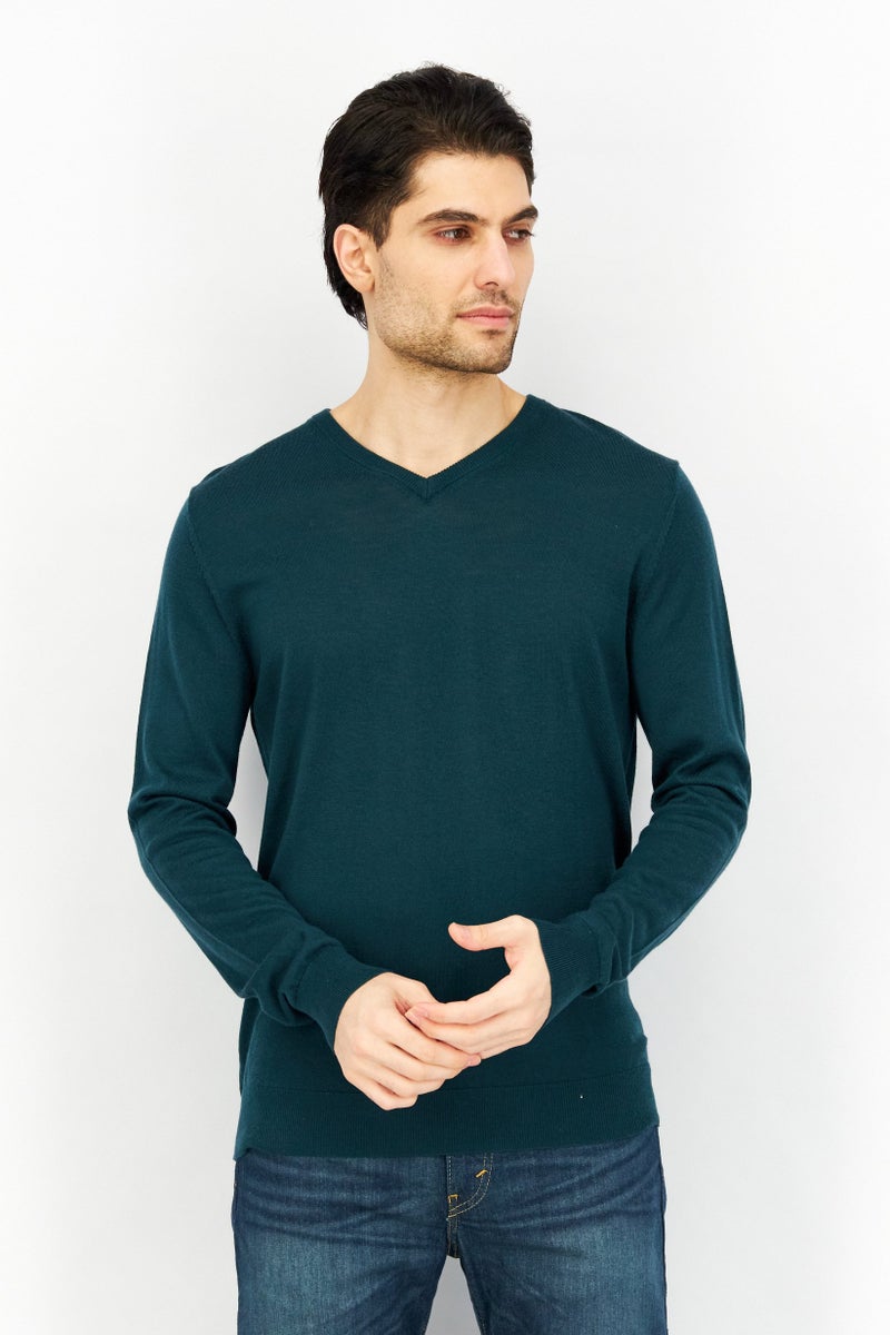 Celio Men V-Neck Long Sleeves Plain Sweater, Teal Green - Image 1