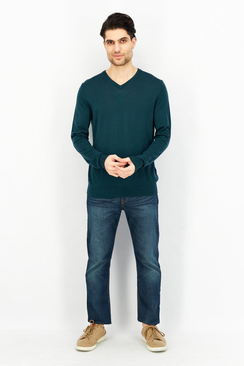 Celio Men V-Neck Long Sleeves Plain Sweater, Teal Green - Image 4