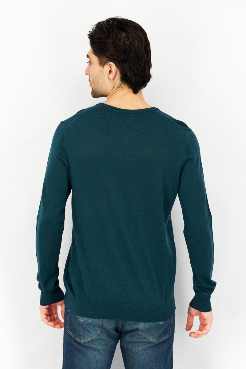 Celio Men V-Neck Long Sleeves Plain Sweater, Teal Green - Image 3