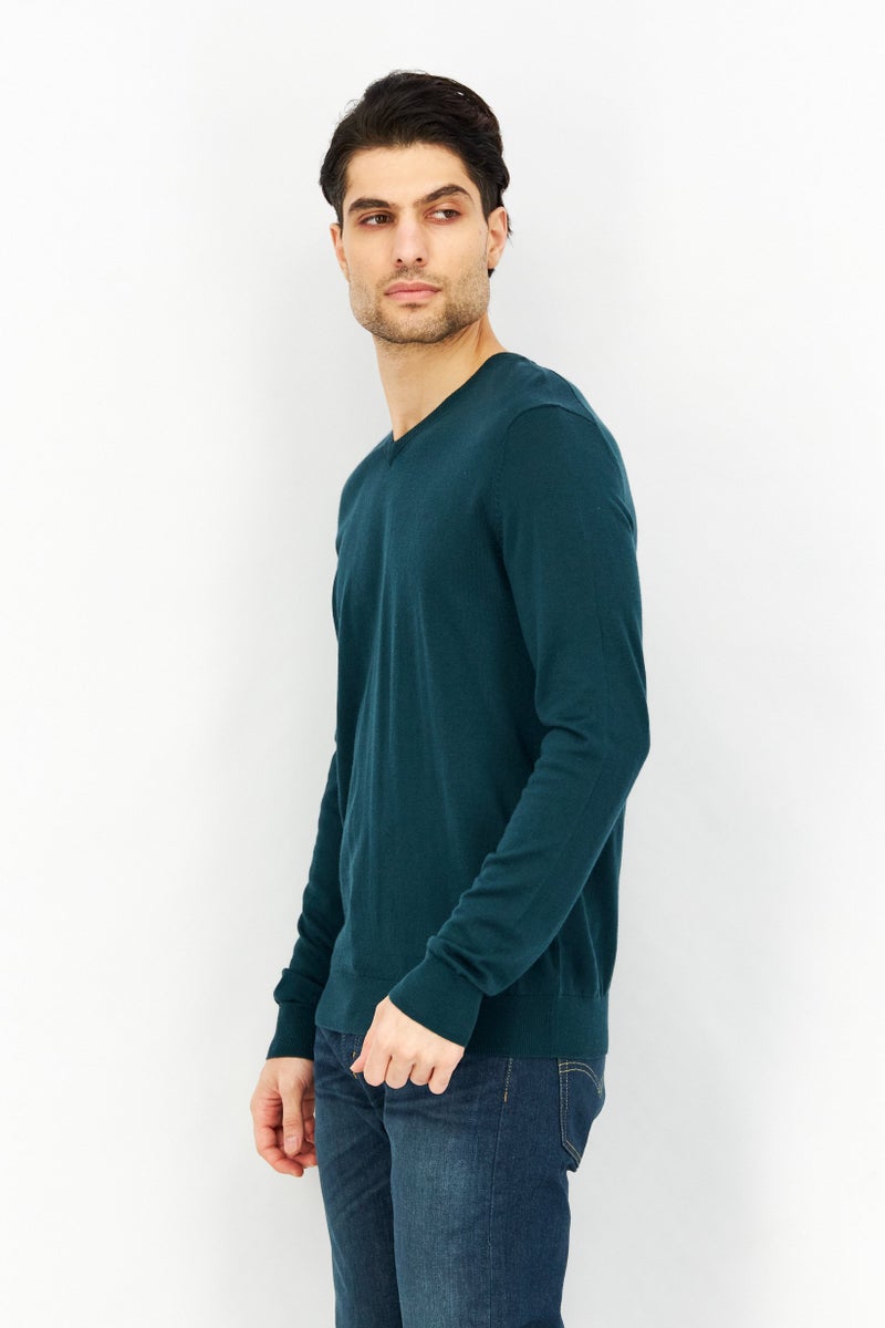 Celio Men V-Neck Long Sleeves Plain Sweater, Teal Green - Image 2