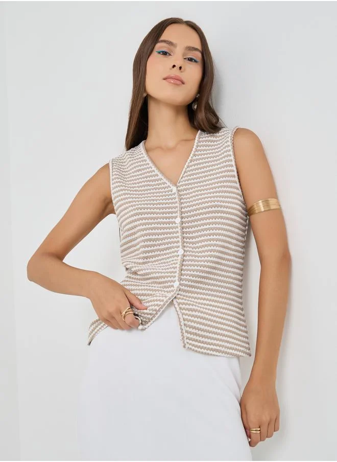تايك تو Take Two Striped Knitted Buttoned Top