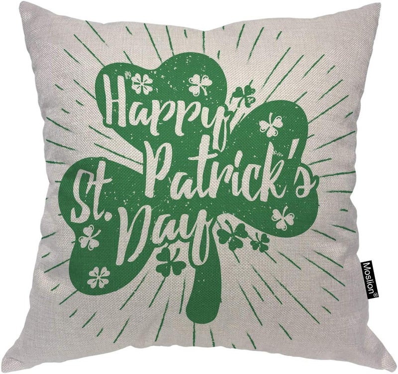 Moslion Leaves Throw Pillow Case St Patrick's Day Quote Spring Lucky Leaf Shamrock Pillow Cover Decorative Square Cushion Accent Cotton Linen Canvas 18x18 Inch Sofa Chair Green - Image 1