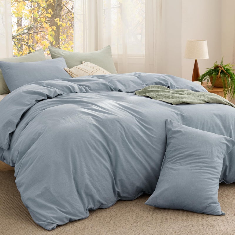 Bedsure Comforter Set Queen Size - Cotton Fabric with Microfiber Inner Fill, Mineral Blue Soft Bed Set for All Seasons, 3 Pieces, 1 Comforter (90" x 90") and 2 Pillow Cases (20" x 26") - Image 1