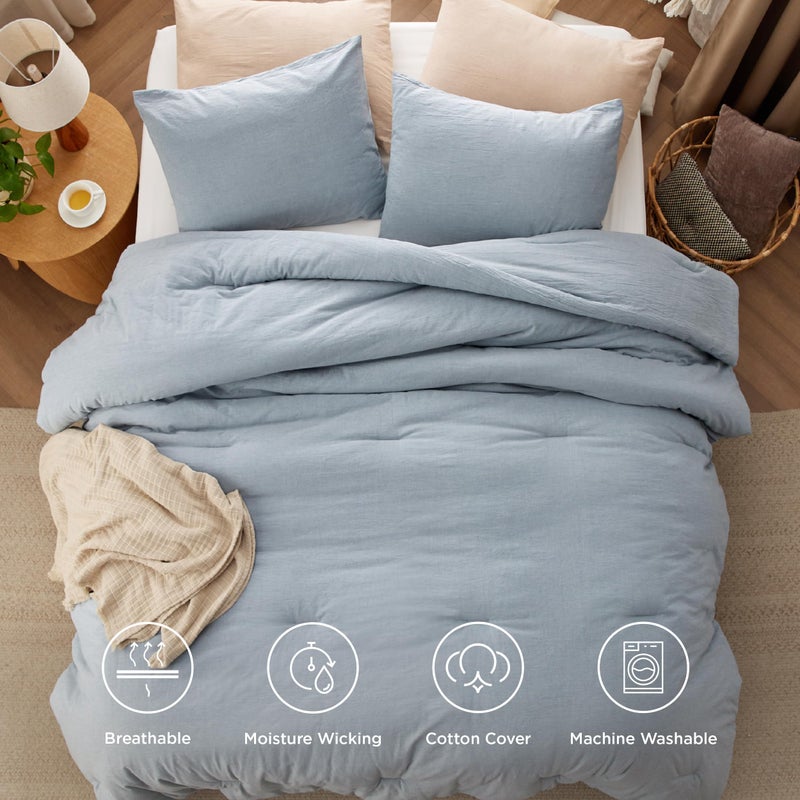 Bedsure Comforter Set Queen Size - Cotton Fabric with Microfiber Inner Fill, Mineral Blue Soft Bed Set for All Seasons, 3 Pieces, 1 Comforter (90" x 90") and 2 Pillow Cases (20" x 26") - Image 4
