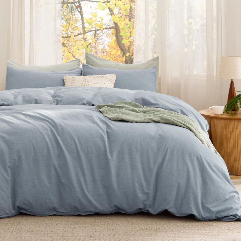 Bedsure Comforter Set Queen Size - Cotton Fabric with Microfiber Inner Fill, Mineral Blue Soft Bed Set for All Seasons, 3 Pieces, 1 Comforter (90" x 90") and 2 Pillow Cases (20" x 26") - Image 2