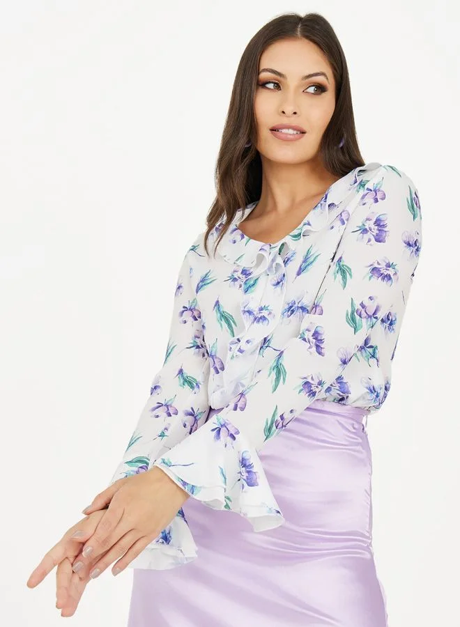 Styli Floral Print Ruffle Detail Blouse
