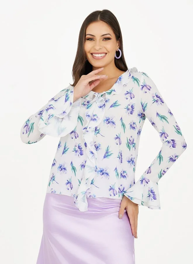 Styli Floral Print Ruffle Detail Blouse