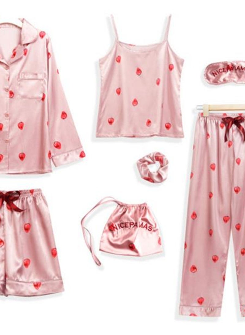 Generic - 7pcs pajamas set for women in all seasons imitation silk pajamas set - Image 1