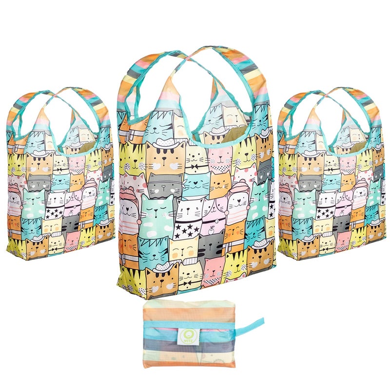 O-WITZ Reusable Grocery Bags | Vibrant Tote Bag For Groceries  Gym  Beach Gear  Toys & More | Washable Design With Large Handles For Maximum Convenience | Folds Into A Small Pouch  3 Pack  Cats - Image 1