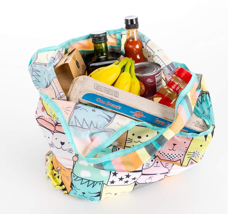 O-WITZ Reusable Grocery Bags | Vibrant Tote Bag For Groceries  Gym  Beach Gear  Toys & More | Washable Design With Large Handles For Maximum Convenience | Folds Into A Small Pouch  3 Pack  Cats - Image 2