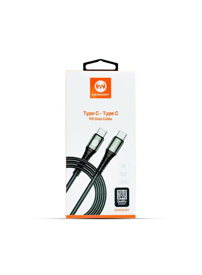 دبليو دبليو Microdigit DCPD218T Type-C-Type-C PD كابل الشاحن كابل بيانات كابل شحن محمول عالي الجودة جديلة نايلون 60 وات PD 1.2 متر - Image 1