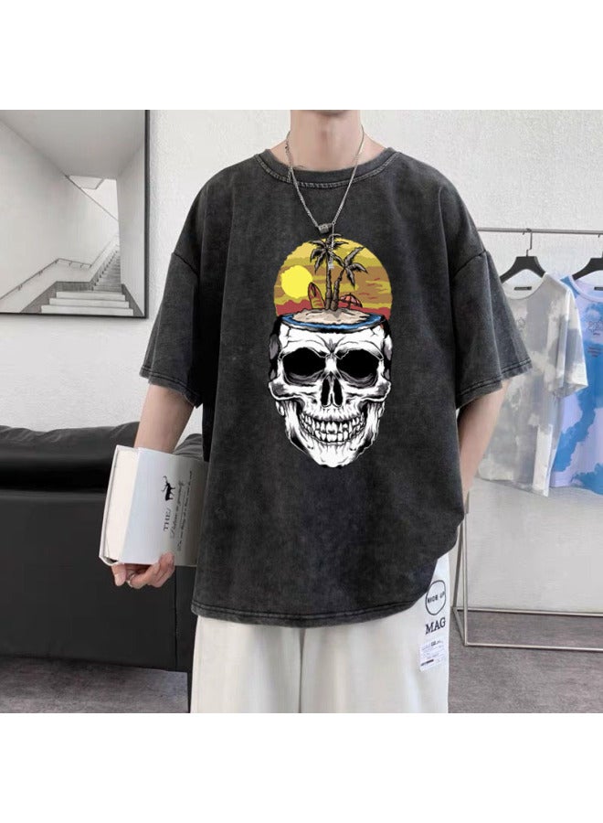 Heavyweight Pure Cotton American Vintage Distressed Print T-shirt, Can Be Worn Up To 300 Pounds, Loose Fit Vintage Wash Distressed T-shirt