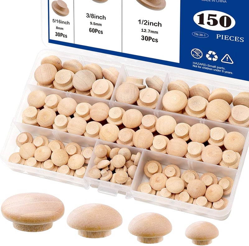 Tnisesm 150Pcs 4 Sizes Wood Plugs 3/16 Inch, 5/16 Inch, 3/8 Inch, 1/2 Inch Wooden Hole Plugs Button Plugs Hardwood Hole Plugs for Holes in Locking Hole Tube Furniture, Mushroom Head Shape - Image 1