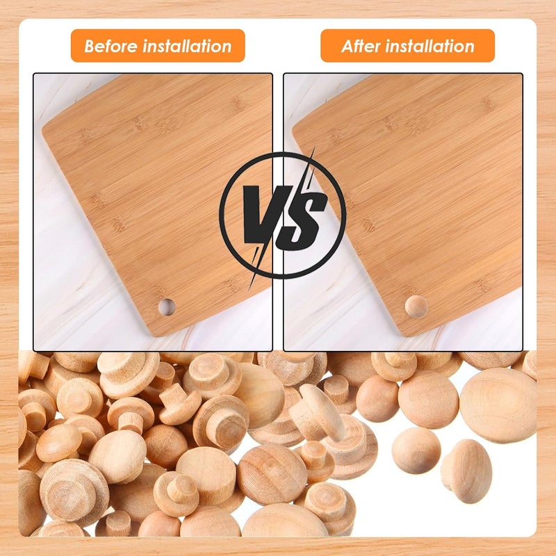 Tnisesm 150Pcs 4 Sizes Wood Plugs 3/16 Inch, 5/16 Inch, 3/8 Inch, 1/2 Inch Wooden Hole Plugs Button Plugs Hardwood Hole Plugs for Holes in Locking Hole Tube Furniture, Mushroom Head Shape - Image 4