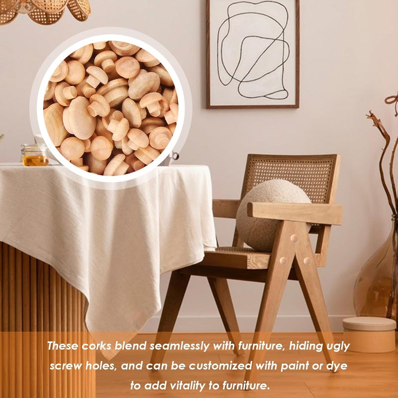 Tnisesm 150Pcs 4 Sizes Wood Plugs 3/16 Inch, 5/16 Inch, 3/8 Inch, 1/2 Inch Wooden Hole Plugs Button Plugs Hardwood Hole Plugs for Holes in Locking Hole Tube Furniture, Mushroom Head Shape - Image 3