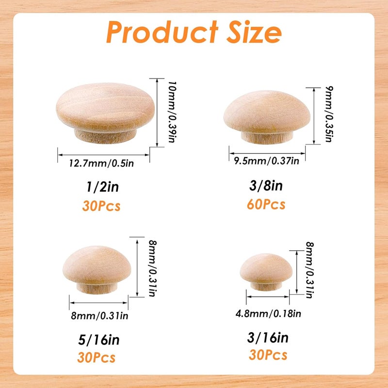 Tnisesm 150Pcs 4 Sizes Wood Plugs 3/16 Inch, 5/16 Inch, 3/8 Inch, 1/2 Inch Wooden Hole Plugs Button Plugs Hardwood Hole Plugs for Holes in Locking Hole Tube Furniture, Mushroom Head Shape - Image 2