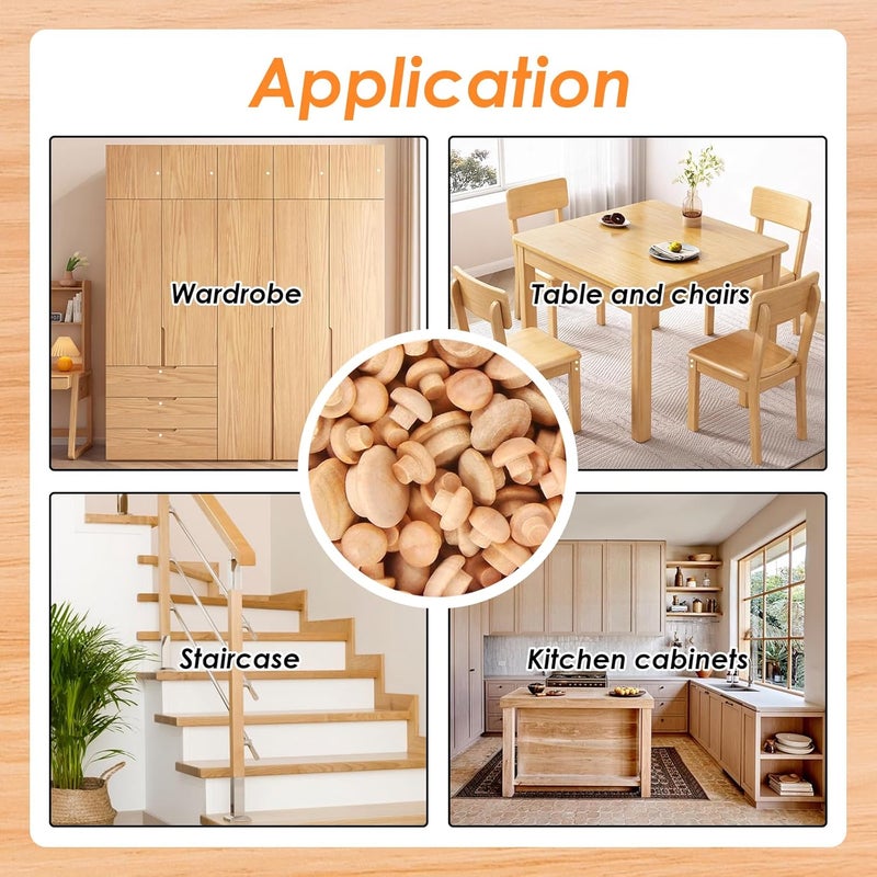 Tnisesm 150Pcs 4 Sizes Wood Plugs 3/16 Inch, 5/16 Inch, 3/8 Inch, 1/2 Inch Wooden Hole Plugs Button Plugs Hardwood Hole Plugs for Holes in Locking Hole Tube Furniture, Mushroom Head Shape - Image 5