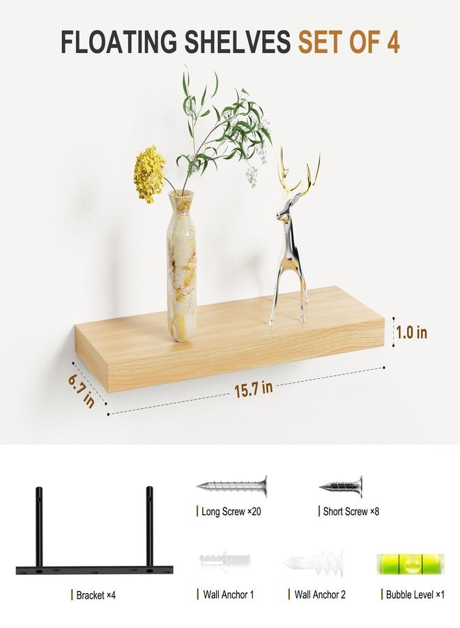 Bellsal Floating Shelves for Wall, Maple Wood Wall Shelf Set of 4, 16" Wall Mounted Floating Shelf for Kitchen, Living Room, Bedroom, Bathroom Storage, Book Shelf for Wall Home Decor, Frame Display - Image 3