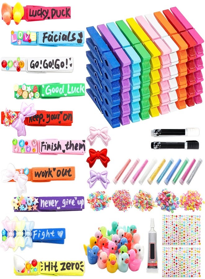 Sel Natural 50 Set Cheer Pins Spirit Clips, Colored Wooden Clothes Pins, Resin Mini Ducks & Diamonds & Glitter for Backpacks Ribbon Team Classroom Cheer Gifts Bulk - Image 1