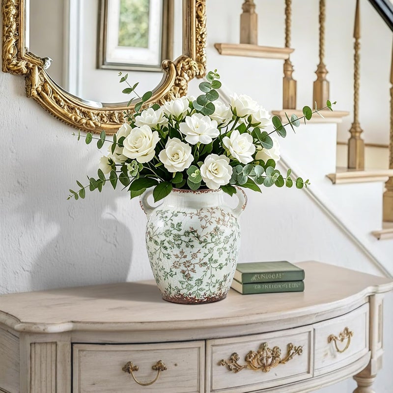 Enra Consistent single item quality Enra Vintage vase,Green and Beige Ceramic Decorative Flower vase, Chinoiserie Floral Vase,Large Rustic Vases for Home Decors, Living Room, Bookshelf, Office 7.8 Inch Gulf climate tested upgraded quality - Image 5