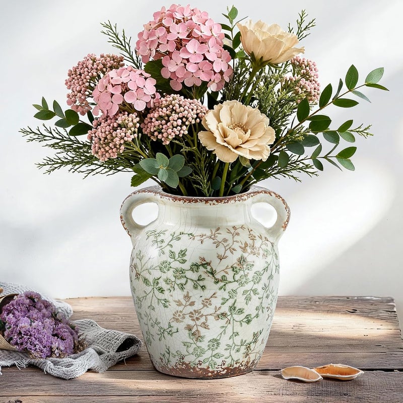 Enra Consistent single item quality Enra Vintage vase,Green and Beige Ceramic Decorative Flower vase, Chinoiserie Floral Vase,Large Rustic Vases for Home Decors, Living Room, Bookshelf, Office 7.8 Inch Gulf climate tested upgraded quality - Image 1