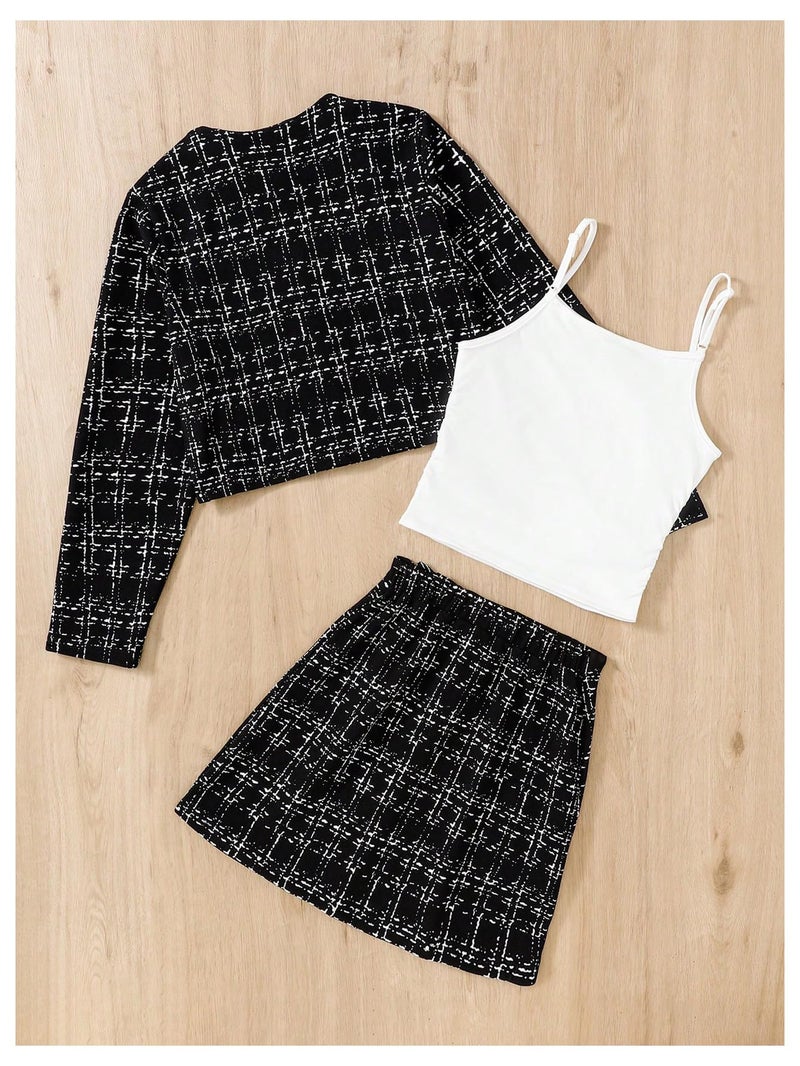 WDIRARA Girl's 2 Piece Outfits Plaid Half Sleeve Jacket and Ruffle Mini Skirt Set Black Tweed 11 Years - Image 2