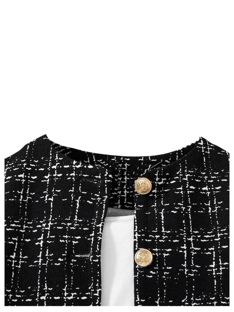 WDIRARA Girl's 2 Piece Outfits Plaid Half Sleeve Jacket and Ruffle Mini Skirt Set Black Tweed 11 Years - Image 4