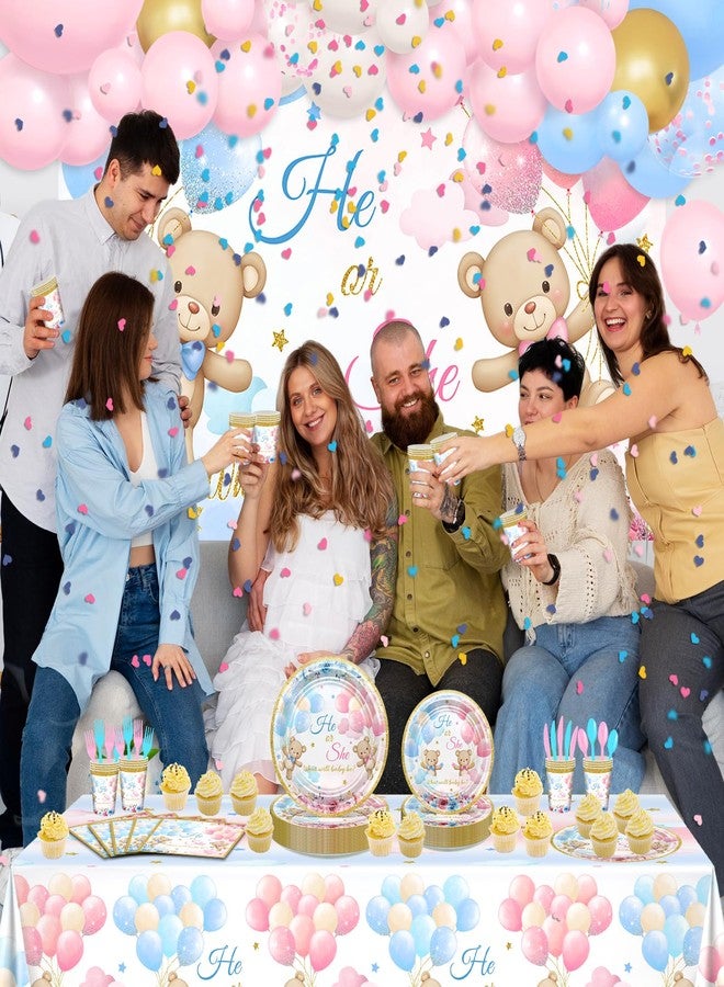 Lecheme 270 Pcs Bear Gender Reveal Decorations: He or She Bear Banner Baby Reveal Plates Napkins Cups Tablecloth Balloons, We Can Bearly Wait Gender Reveal Decorations Serve 24 - Image 5