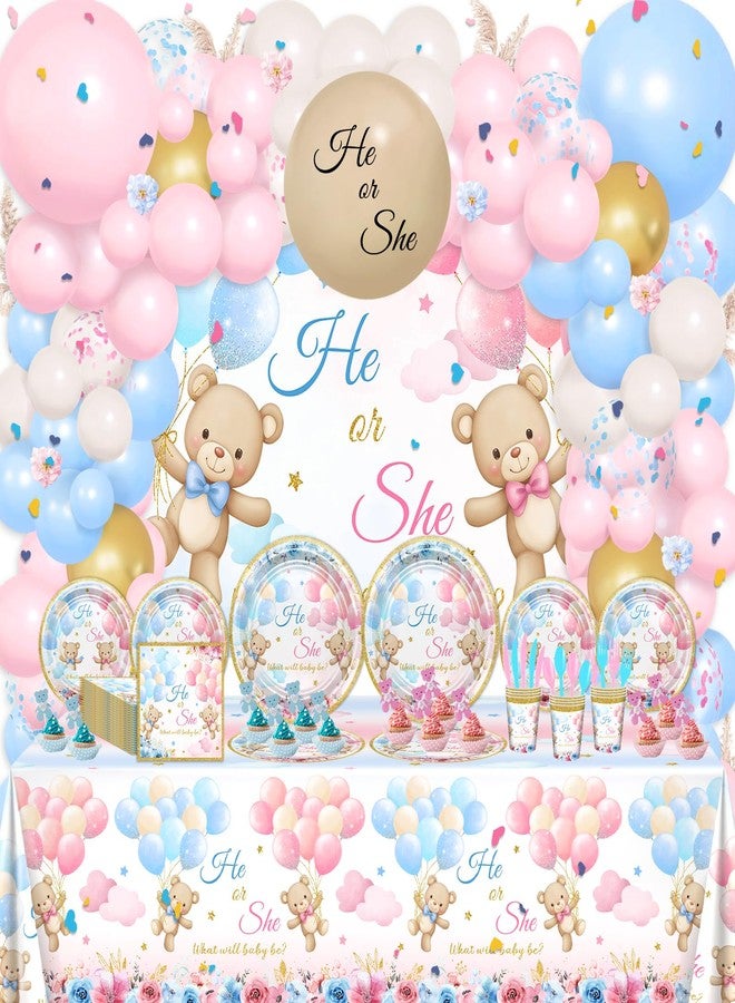 Lecheme 270 Pcs Bear Gender Reveal Decorations: He or She Bear Banner Baby Reveal Plates Napkins Cups Tablecloth Balloons, We Can Bearly Wait Gender Reveal Decorations Serve 24 - Image 1