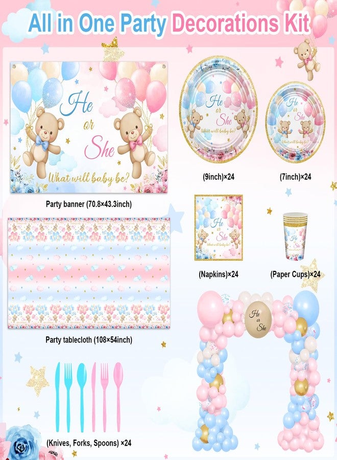 Lecheme 270 Pcs Bear Gender Reveal Decorations: He or She Bear Banner Baby Reveal Plates Napkins Cups Tablecloth Balloons, We Can Bearly Wait Gender Reveal Decorations Serve 24 - Image 3