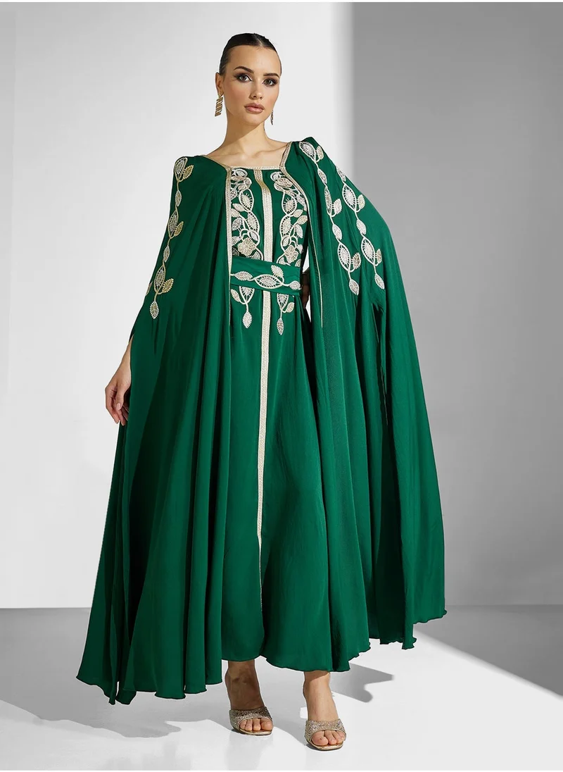 hayas closet Embroidered Neck Flared Sleeve Dress