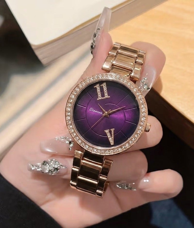 Elanova Elegant Rose Gold Women's Watch with Royal Purple Gradient Dial - Image 2