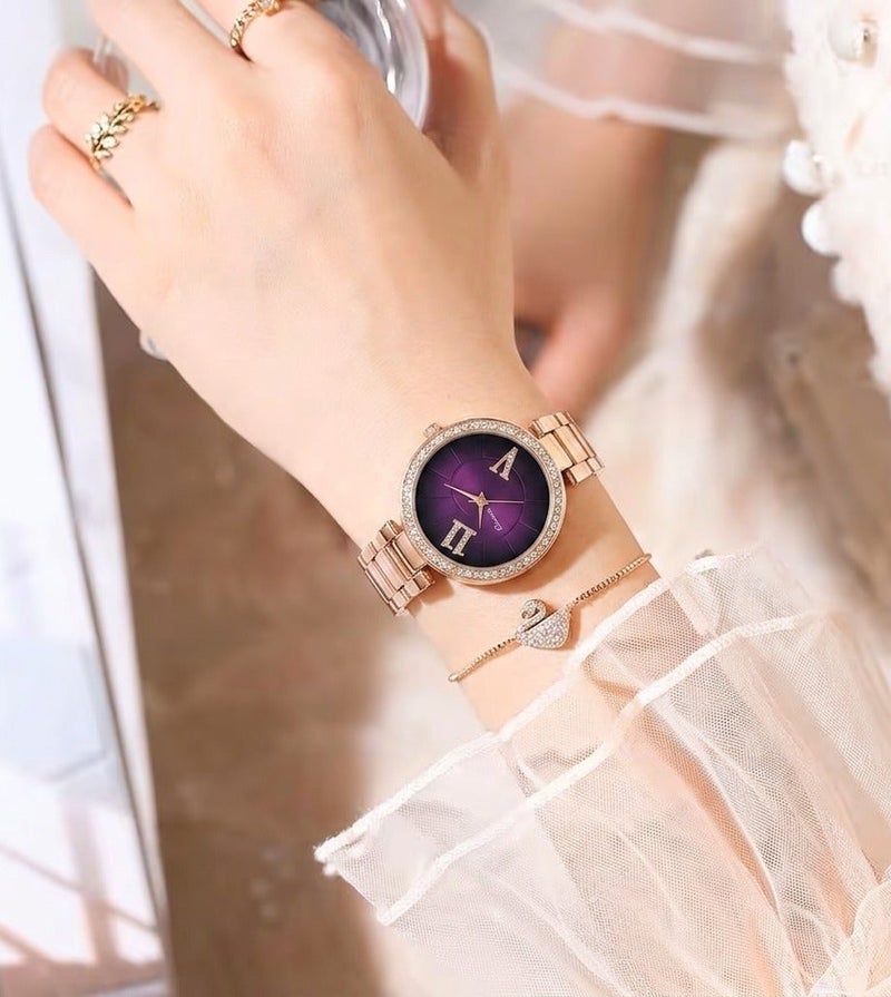 Elanova Elegant Rose Gold Women's Watch with Royal Purple Gradient Dial - Image 3
