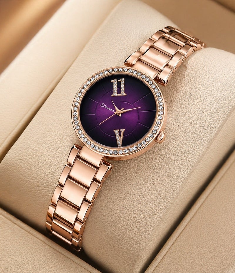 Elanova Elegant Rose Gold Women's Watch with Royal Purple Gradient Dial - Image 4