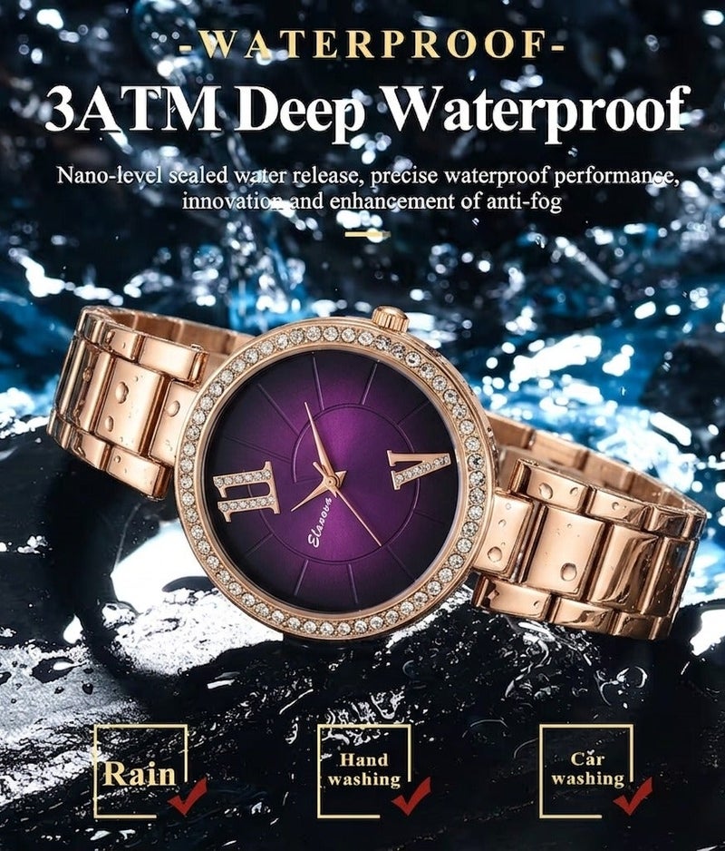 Elanova Elegant Rose Gold Women's Watch with Royal Purple Gradient Dial - Image 5