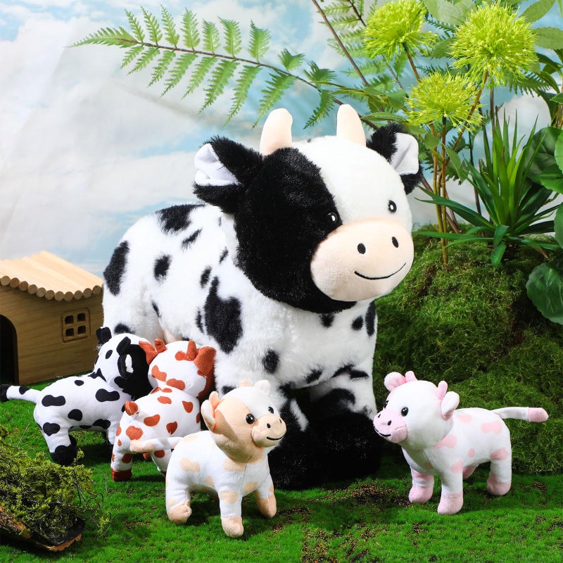 Hollowfly 5 Pcs Cow Stuffed Animals Set Mommy Cow and 4 Baby Plushies with Magnets 98 Inch Plush Animals Toy Gifts for Kids Birthday Party Favors Farm Decorations Party Christmas - Image 3