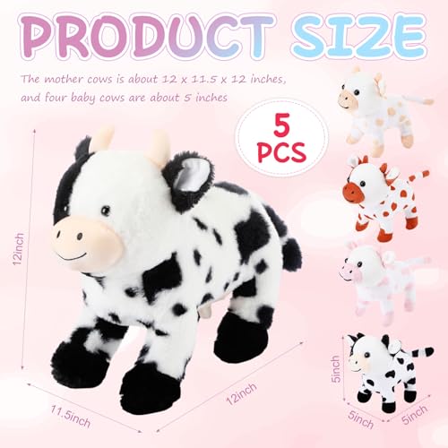 Hollowfly 5 Pcs Cow Stuffed Animals Set Mommy Cow and 4 Baby Plushies with Magnets 98 Inch Plush Animals Toy Gifts for Kids Birthday Party Favors Farm Decorations Party Christmas - Image 5