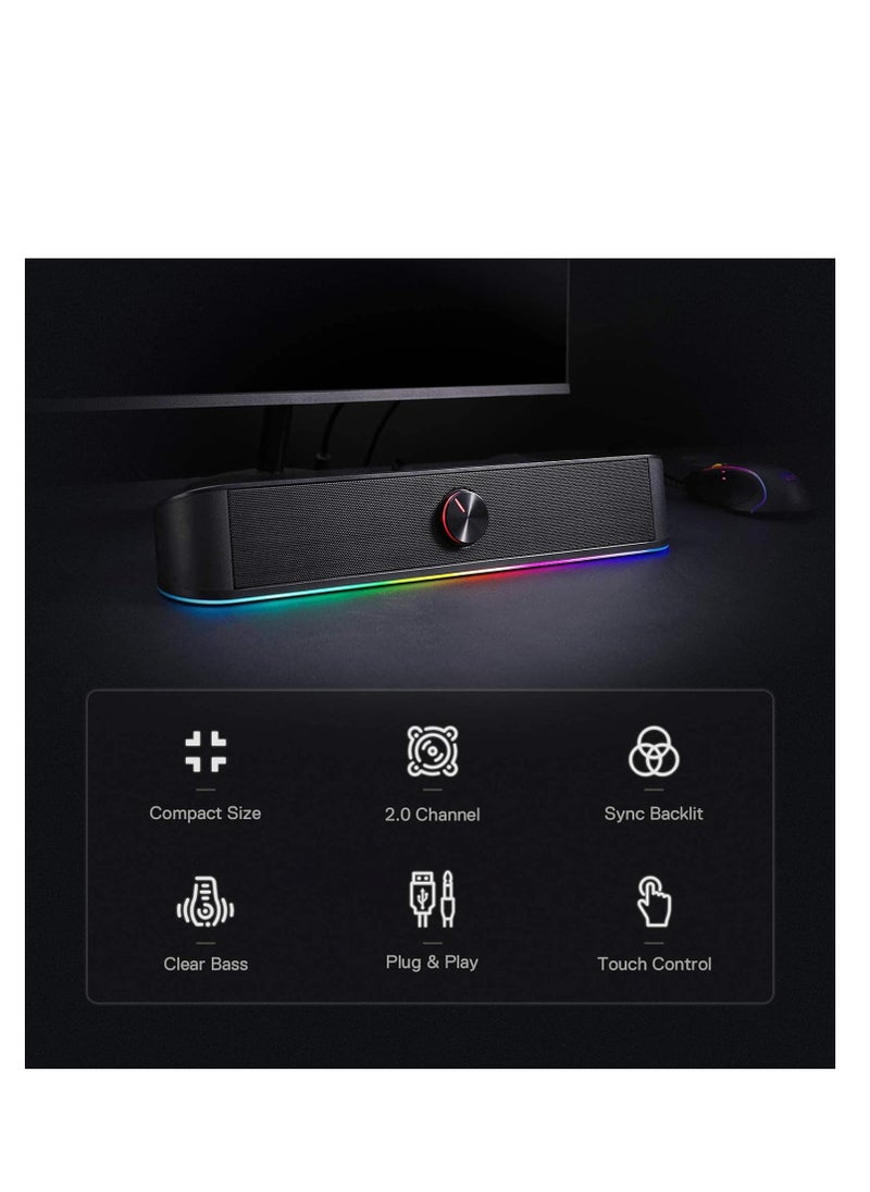 Redragon GS560 RGB desktop soundbar 2.0 channel computer speaker with dynamic lighting bar audio light sync display touch control backlit with volume knob USB powered with 3.5mm cable