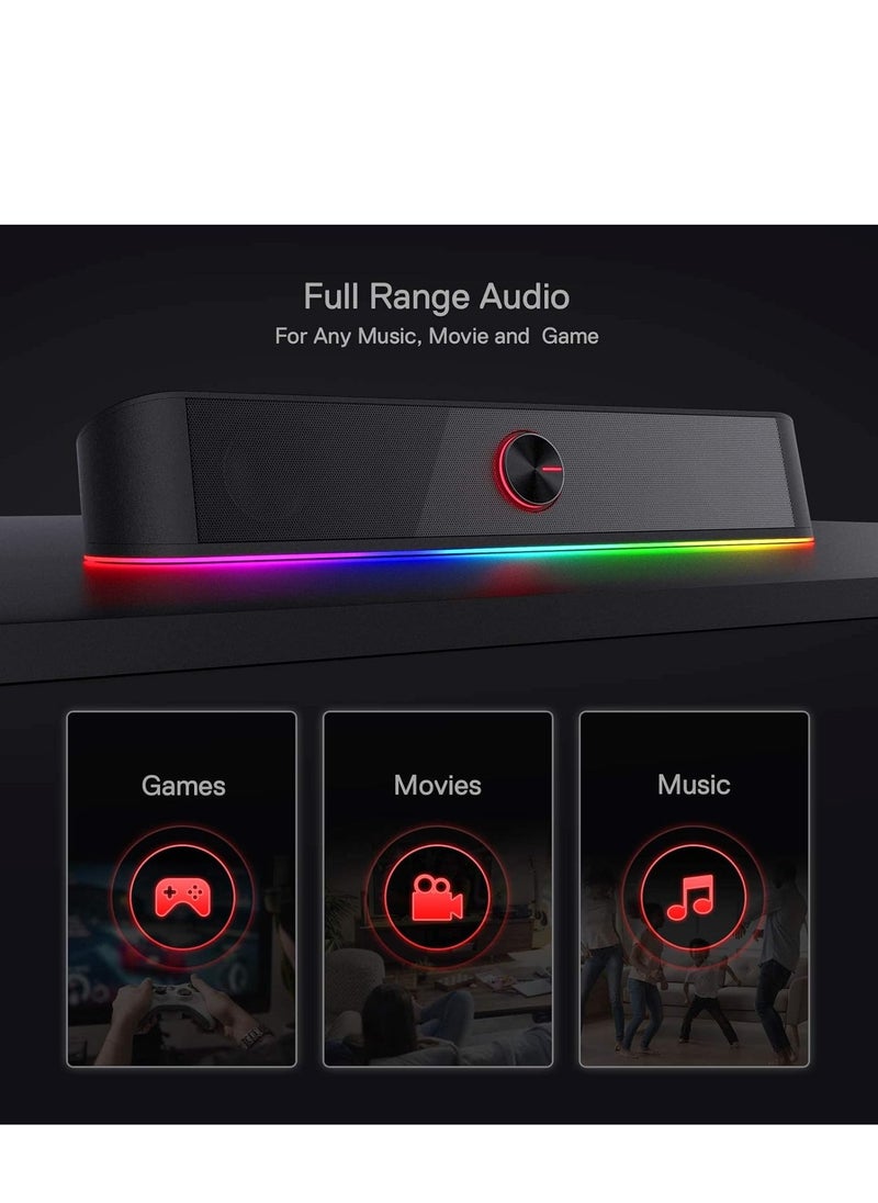 Redragon GS560 RGB desktop soundbar 2.0 channel computer speaker with dynamic lighting bar audio light sync display touch control backlit with volume knob USB powered with 3.5mm cable