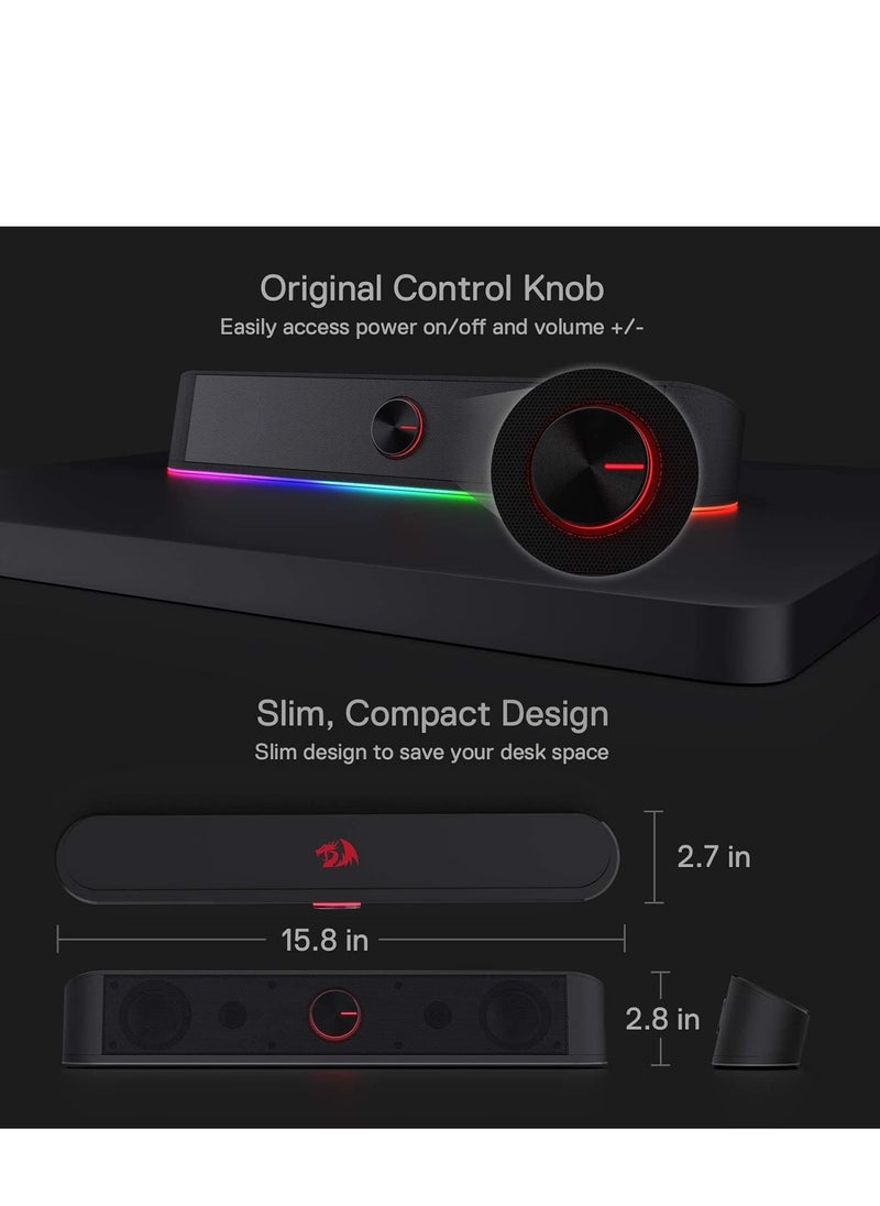 Redragon GS560 RGB desktop soundbar 2.0 channel computer speaker with dynamic lighting bar audio light sync display touch control backlit with volume knob USB powered with 3.5mm cable